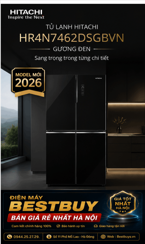 Tủ lạnh Hitachi 4 cánh 422 lit  HR4N7462DSGBVN (Gương đen) Mới 2026