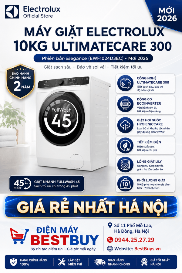 Máy giặt Electrolux 10kg UltimateCare 300 - Phiên bản Elegance (EWF1024D3EC) Mới 2026