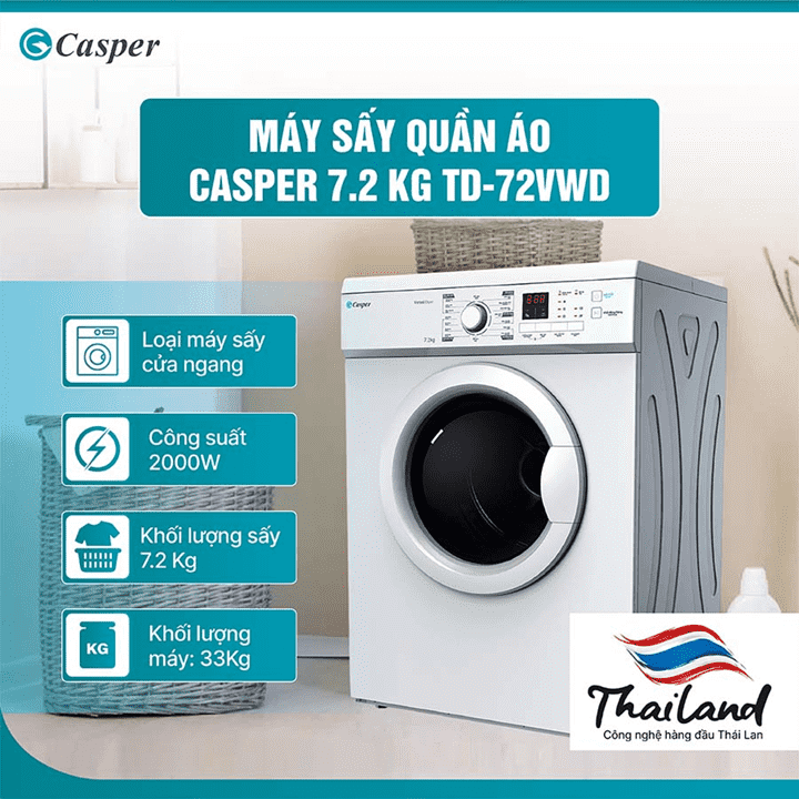 Máy sấy quần áo Casper TD-72VWD 7.2kg model 2022