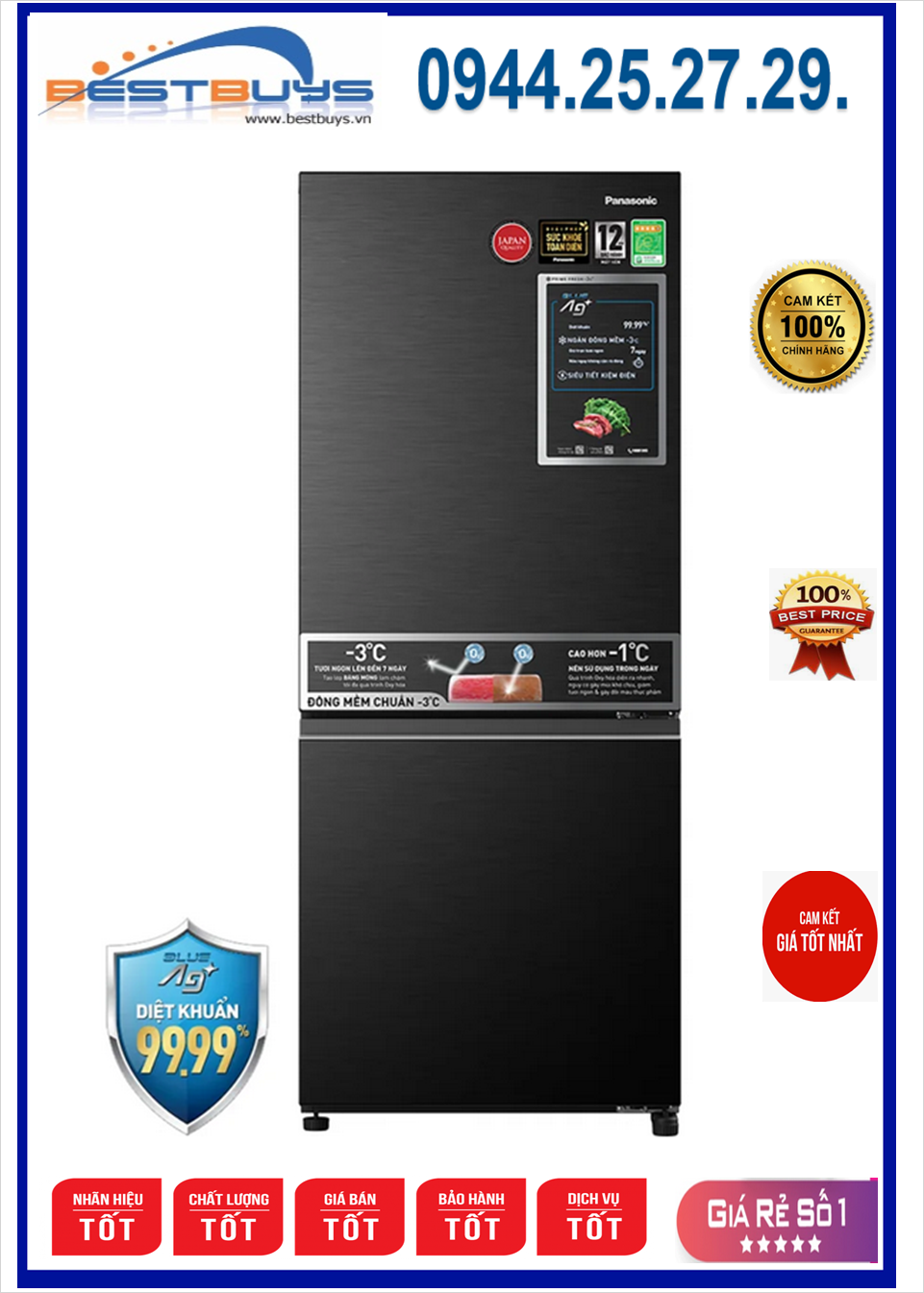 Tủ Lạnh Panasonic NR-SV281BPKV Inverter 255 Lít