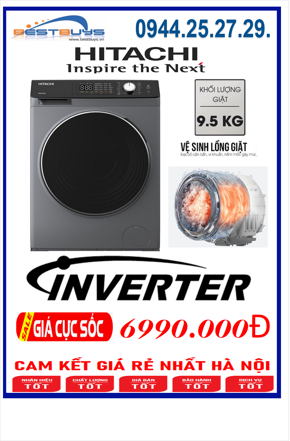 Máy giặt Hitachi Inverter 9.5 kg BD-954HVOS