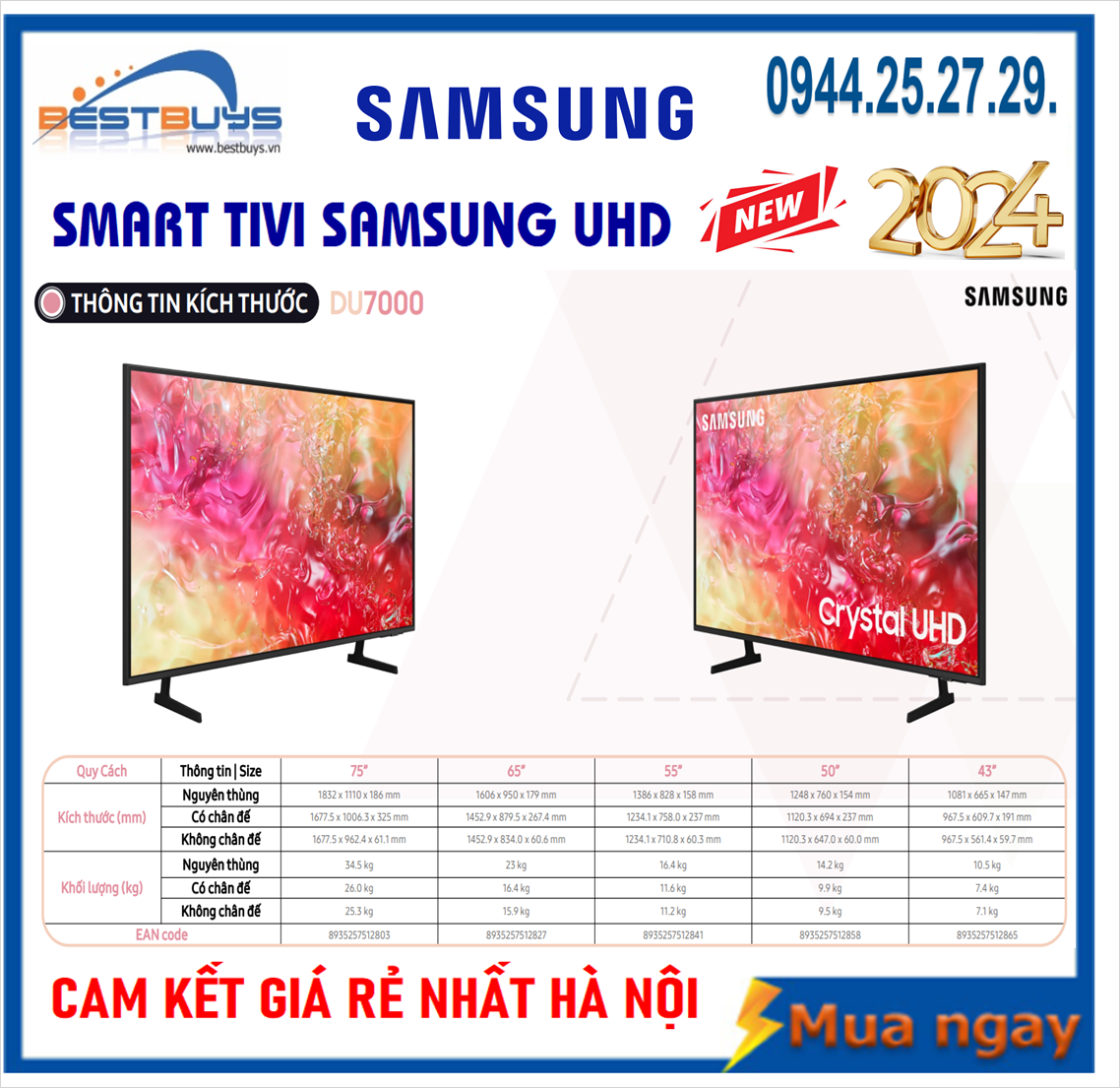 Smart Tivi Samsung 75DU7000 UHD 4K 75 inch [2024]