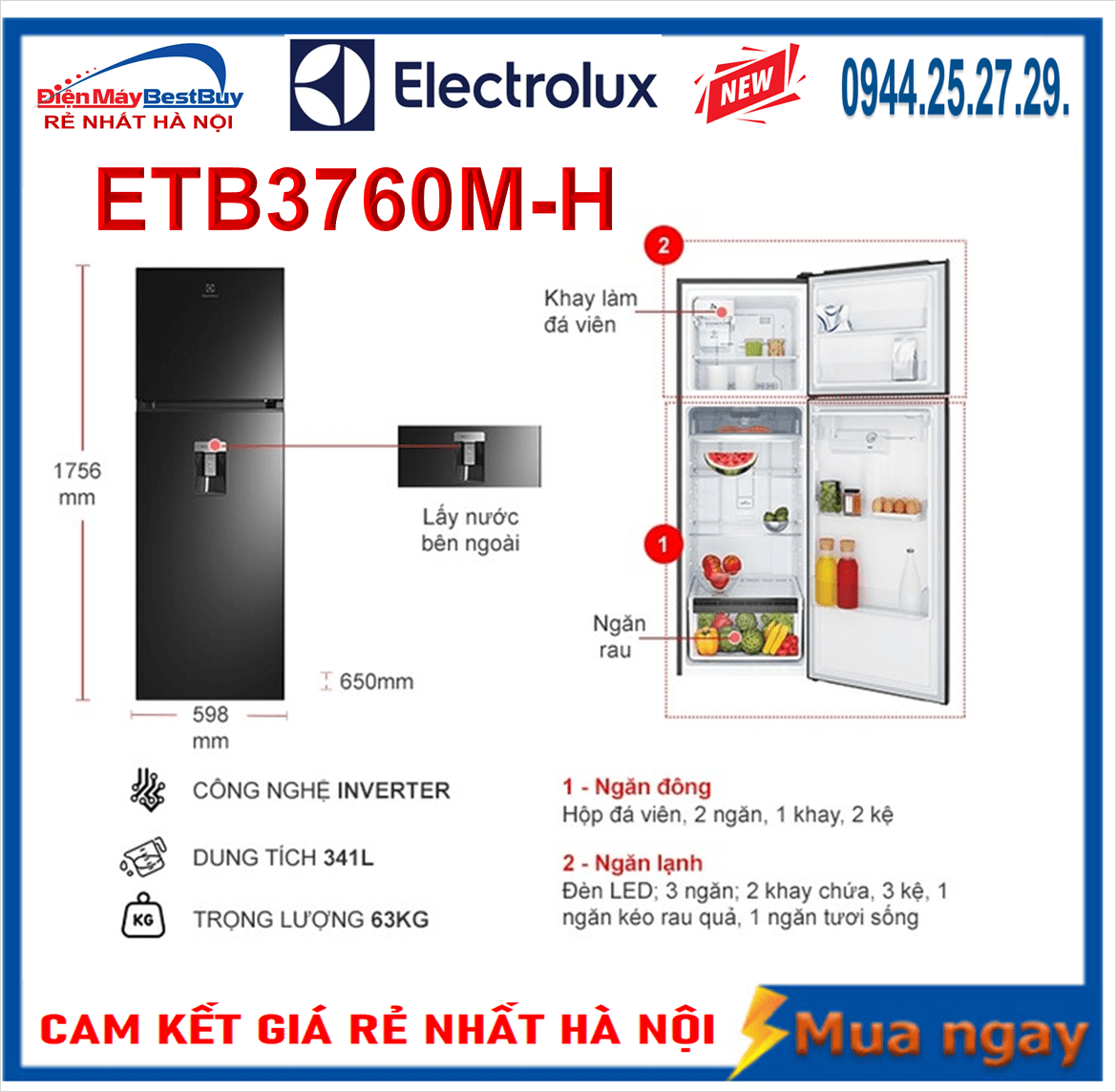 Tủ lạnh Electrolux 341L Inverter ETB3760M-H Mới [2024]