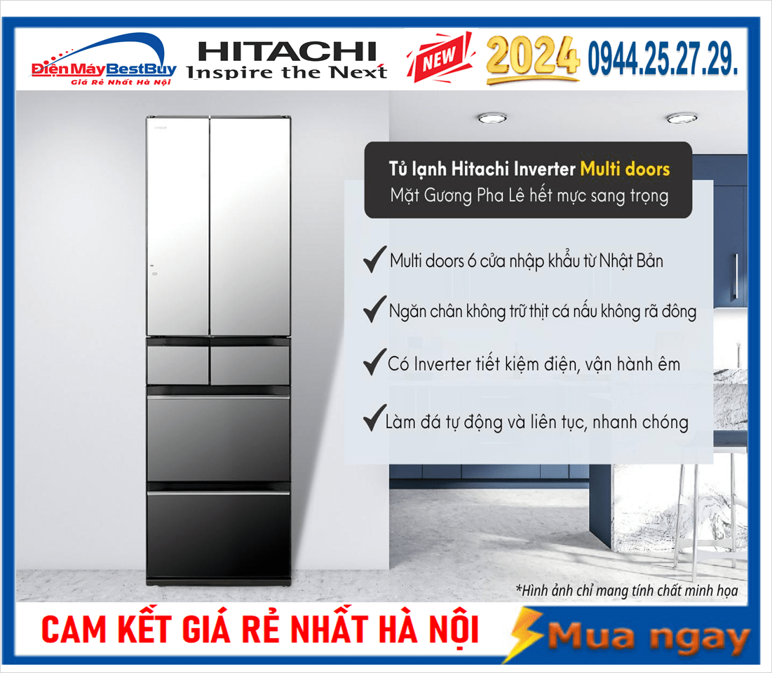 Tủ lạnh Hitachi 6 cửa Inverter 617 lít Multi Door R-HW620RV (X) Mới 2024