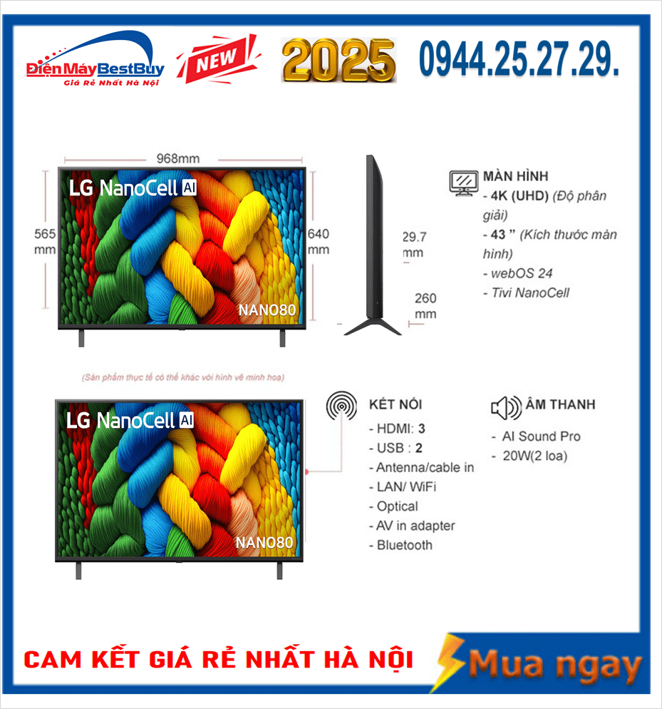 Smart Tivi NanoCell LG 4K 43 inch 43NANO80ASA ThinQ AI [2025]