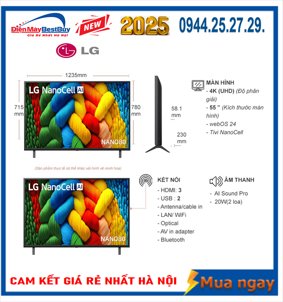 Smart Tivi NanoCell LG 4K 55 inch 55NANO80ASA ThinQ AI [2025]
