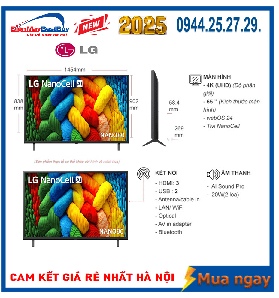 Smart Tivi NanoCell LG 4K 65 inch 65NANO80ASA ThinQ AI [2025]