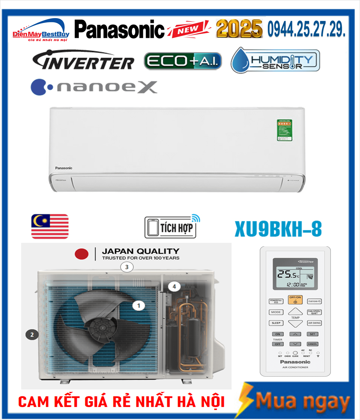 Điều hòa Panasonic 9000BTU 1 chiều inverter cao cấp XU9BKH-8 New 2025
