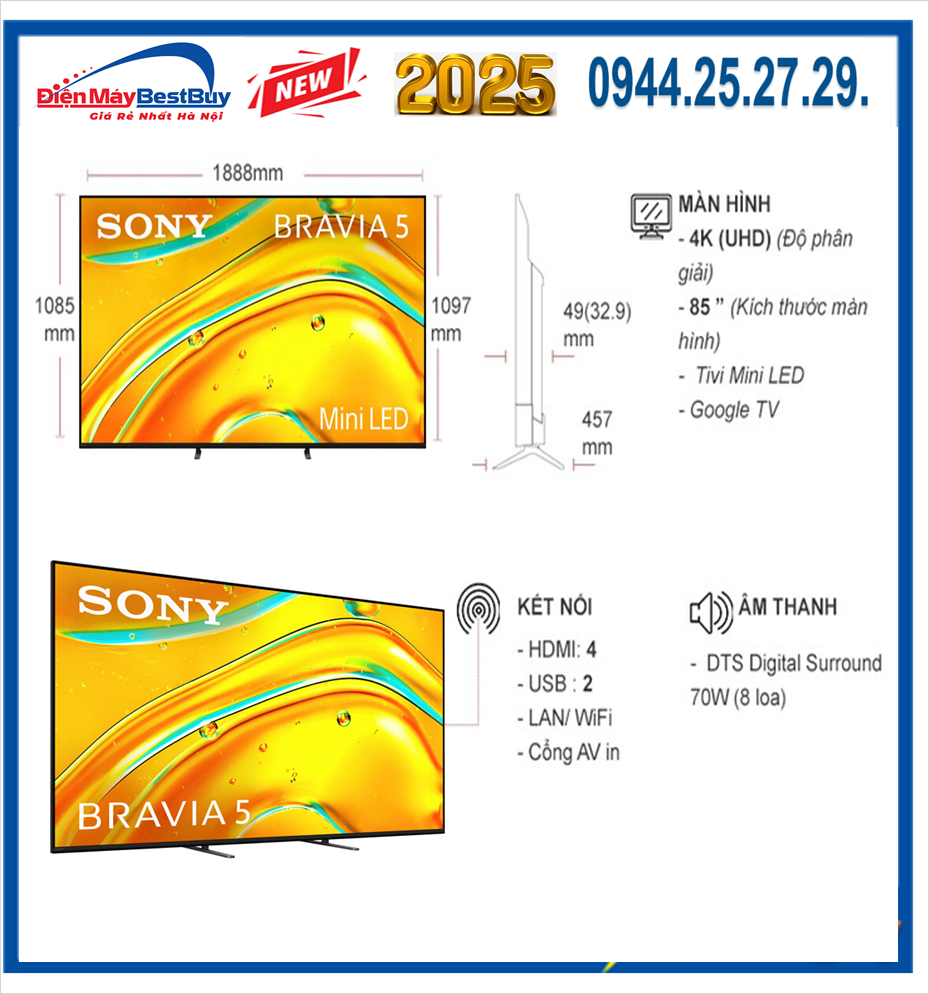 Nơi Bán Tivi Mini LED Sony 4K 85 inch Bravia 5 K-85XR50 Giá rẻ nhất