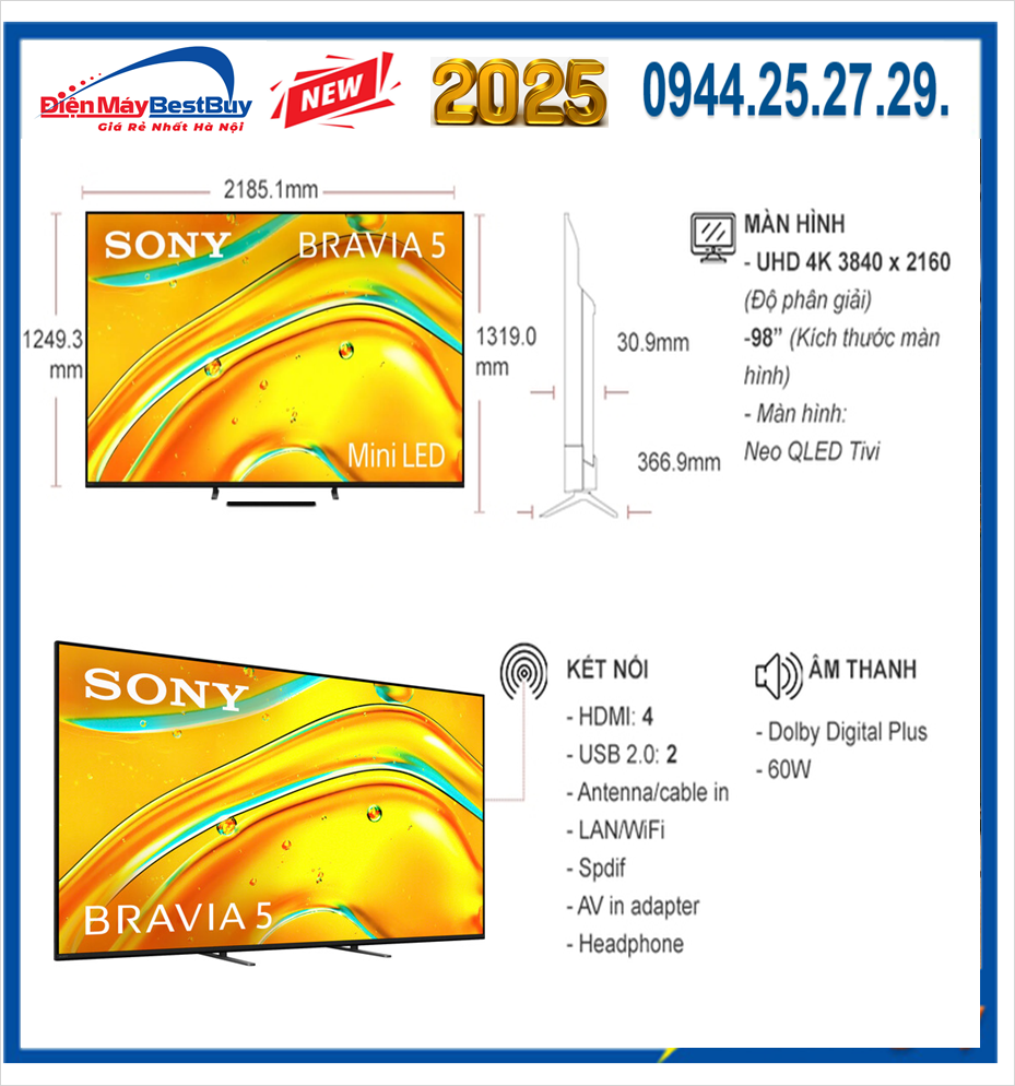 Nơi Bán Tivi Mini LED Sony 4K 98 inch Bravia 5 K-98XR50 Giá rẻ nhất