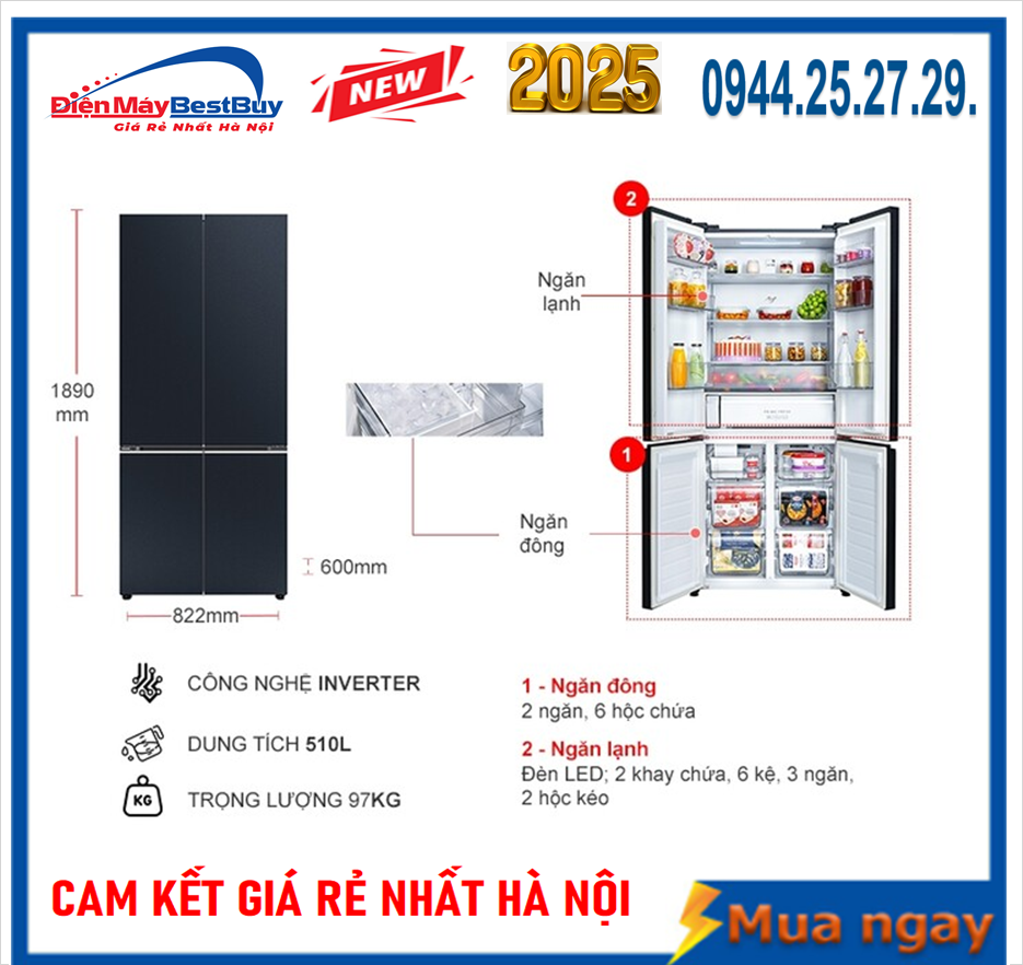 Tủ lạnh Panasonic Inverter 510 lít Multi Door NR-X561GB-VN làm đá tự động