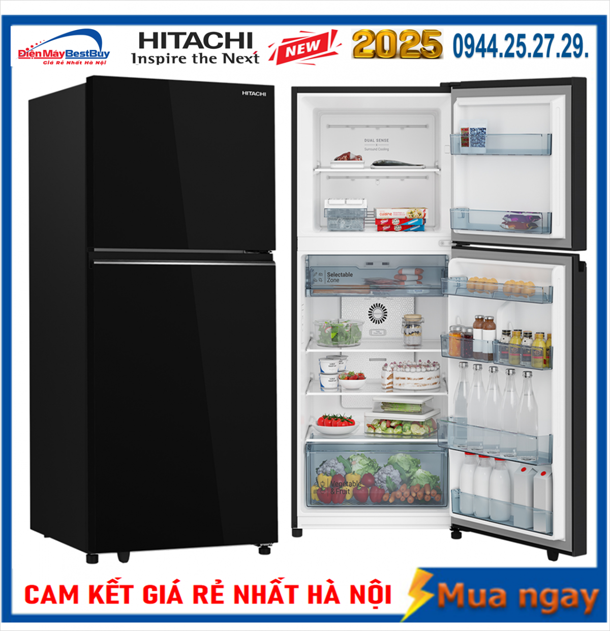 Tủ lạnh Hitachi Inverter 344 lít HRTN6379SGBKVN New 2025