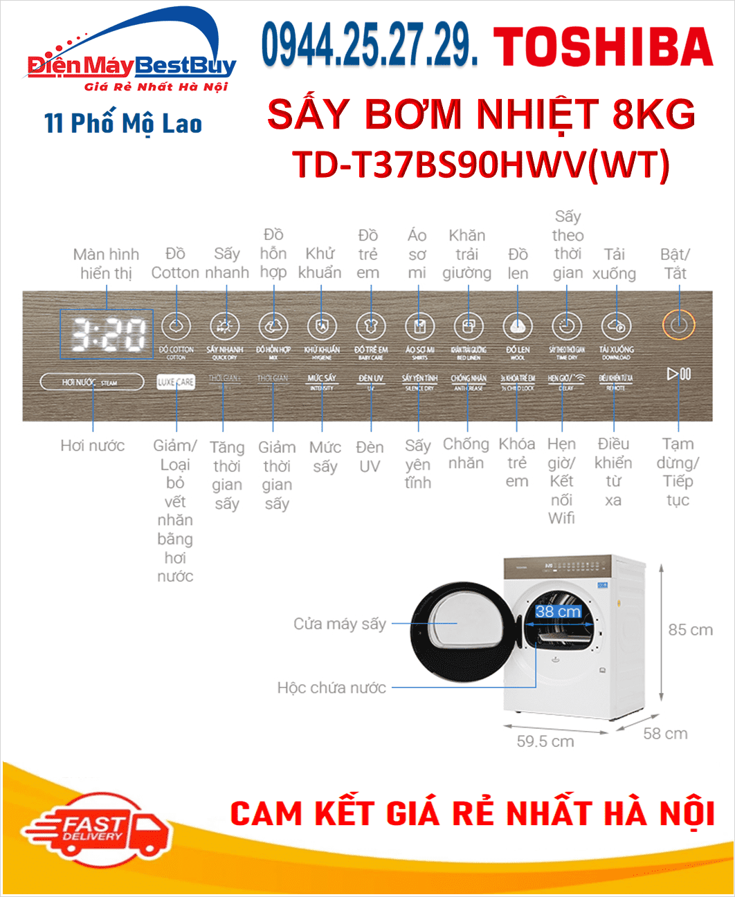 Máy sấy Heat pump (bơm nhiệt) Toshiba Inverter 8 kg TD-T37BS90HWV(WT)