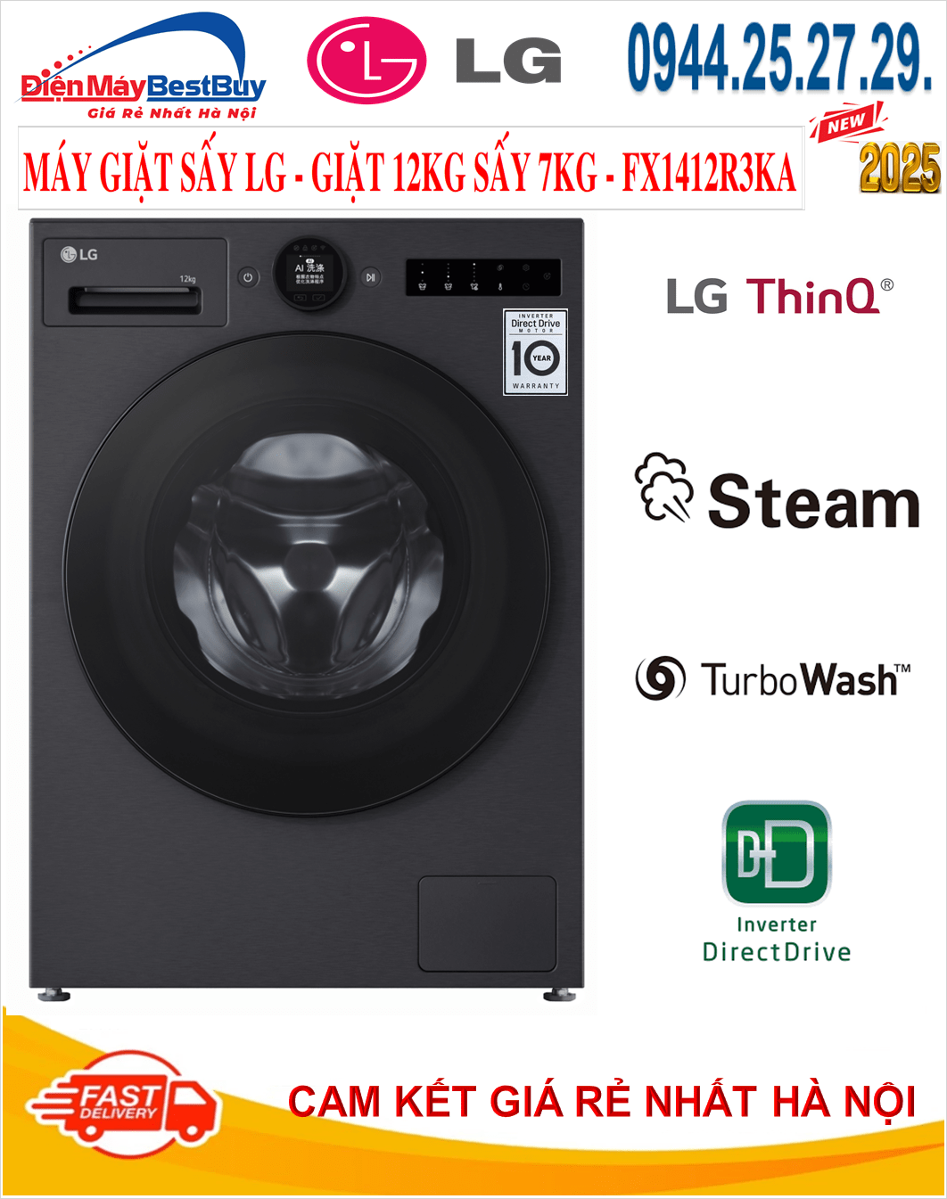 Máy Giặt Sấy LG Inventer Giặt 12kg Sấy 7kg Series 7 AI DD™ 2.0 FX1412R3KA [2025]