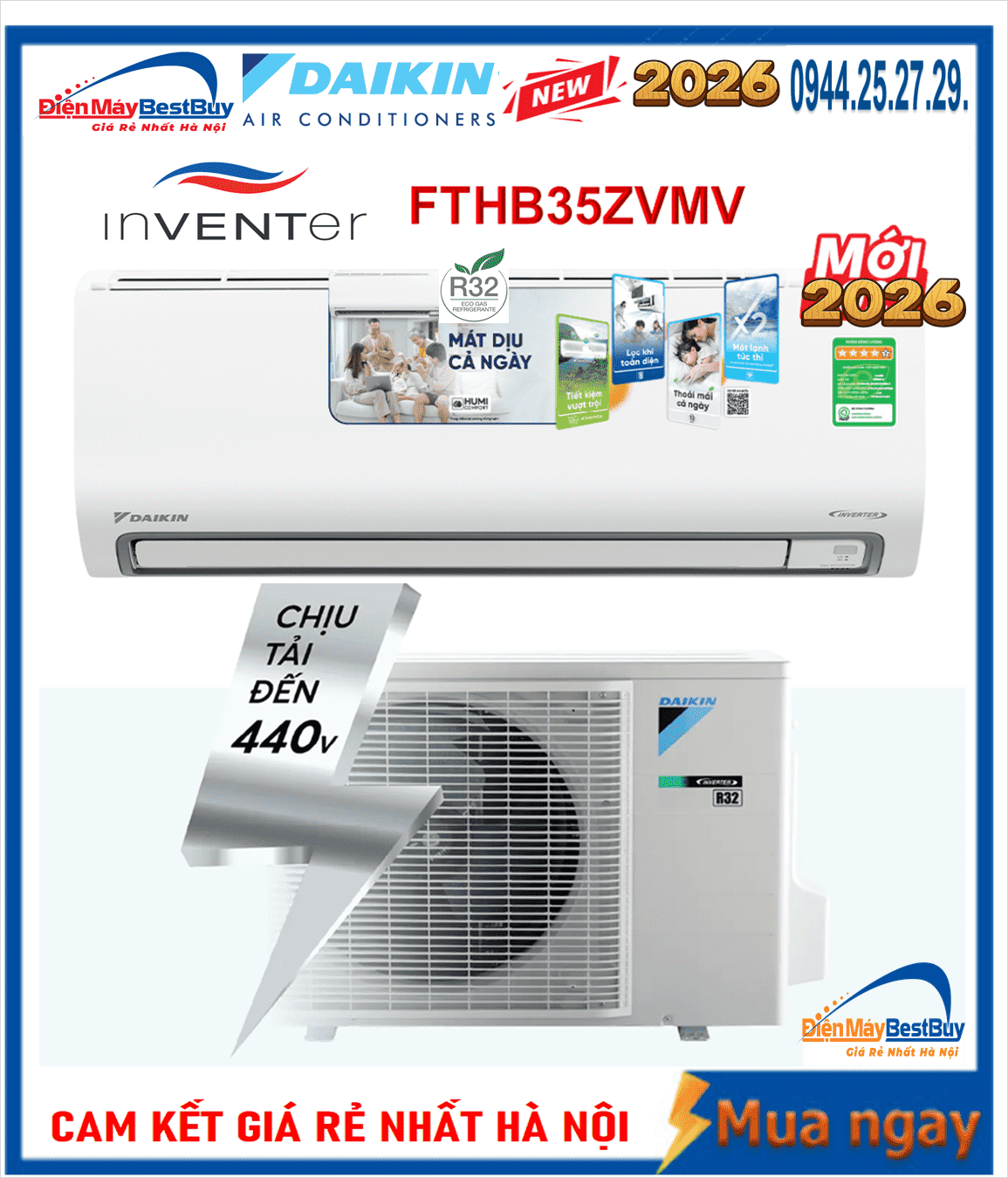 Điều hòa Daikin 12000 BTU 1 chiều inverter FTHB35ZVMV [2026]