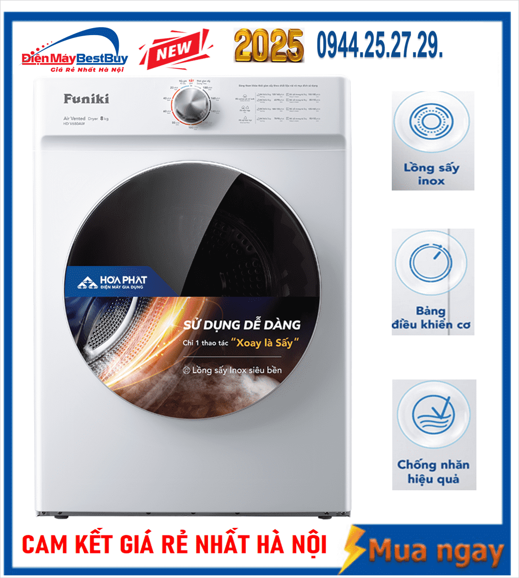 Máy sấy quần áo Funiki 8kg HD V680AW