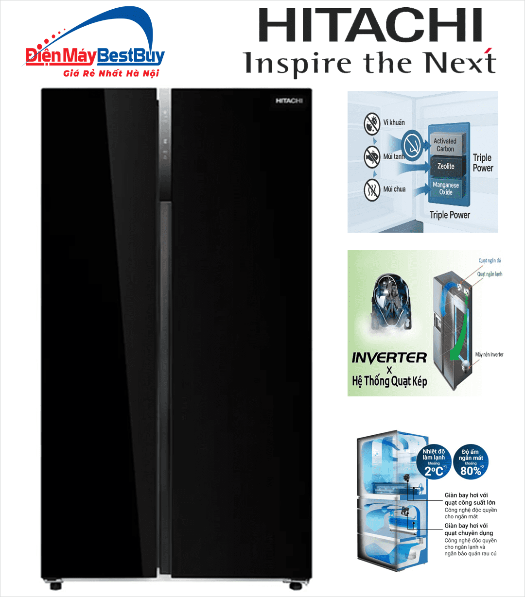 Tủ lạnh Hitachi Inverter 525 lít Mặt Gương đen HRSN9552DGBVN