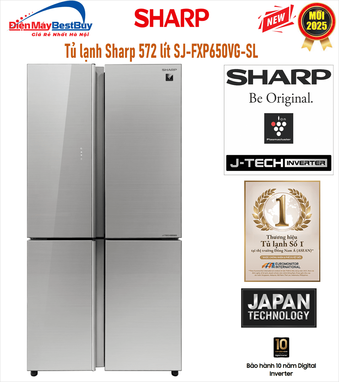 Tủ lạnh Sharp SJ-FXP650VG-SL Inverter 4 cánh 572 lít