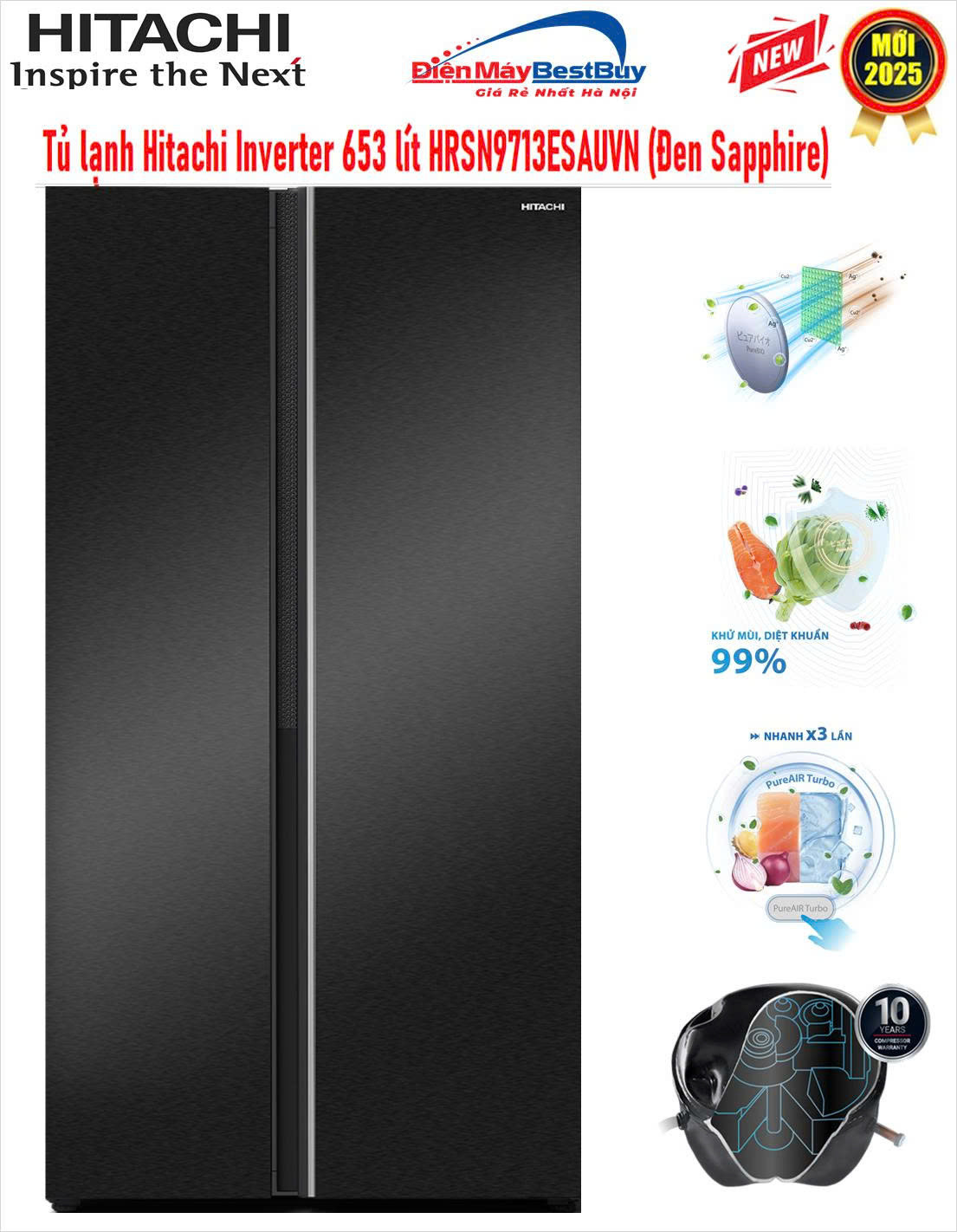 Tủ lạnh Hitachi HRSN9713ESAUVN Side By Side 653 lít