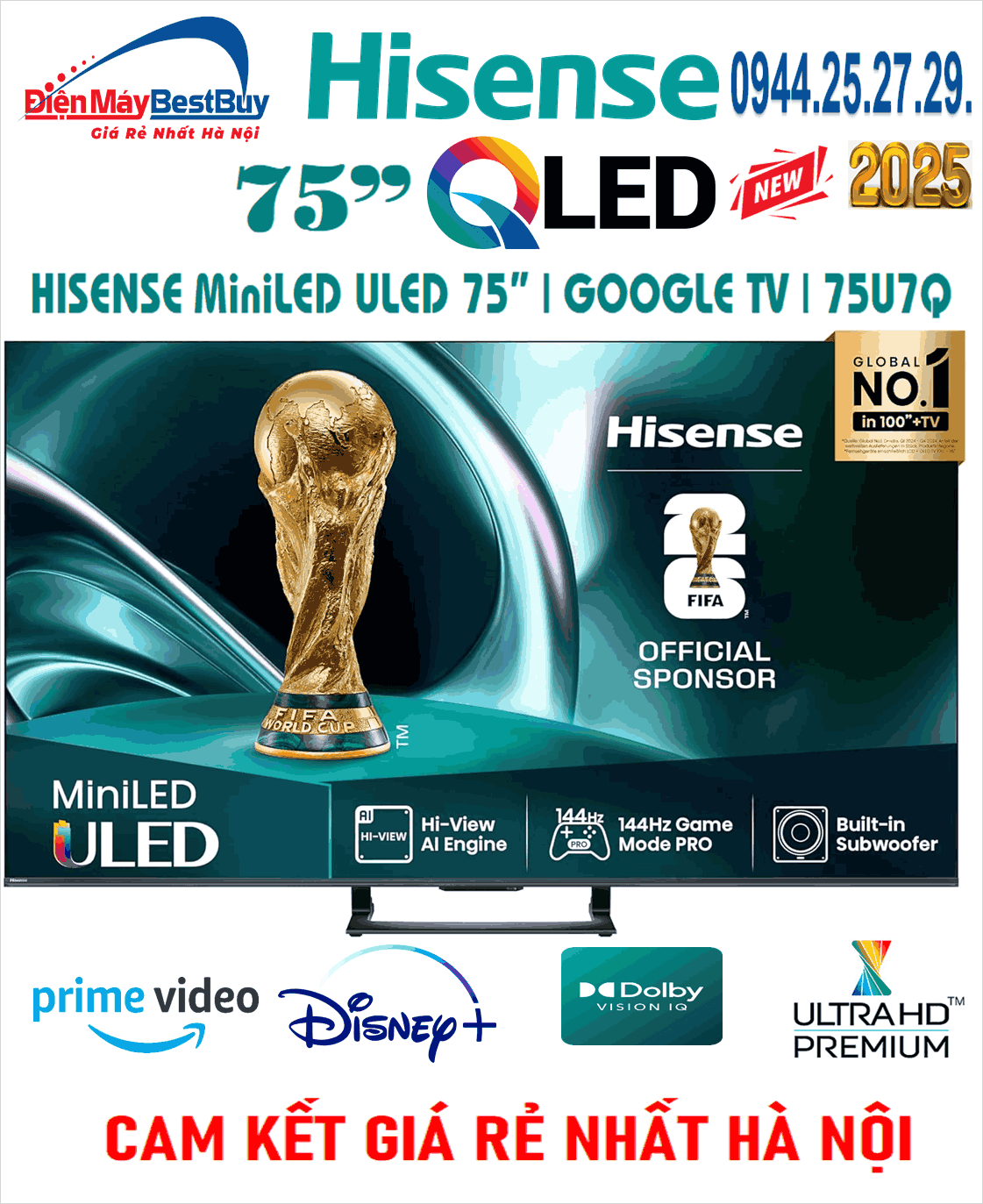 Tivi QLED Hisense AI 4K 65 inch 65Q7Q