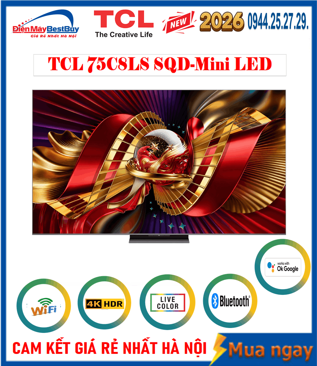 Google Tivi TCL SQD-Mini LED AI 4K 75 Inch [75C8L] New 2026
