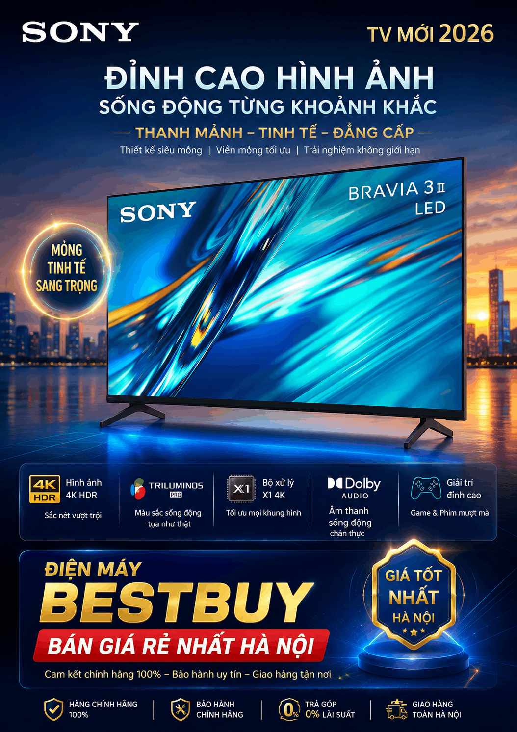 Google Tivi Sony BRAVIA 3 AI 4K 100 inch [K-100XR30M2] Mới 2026