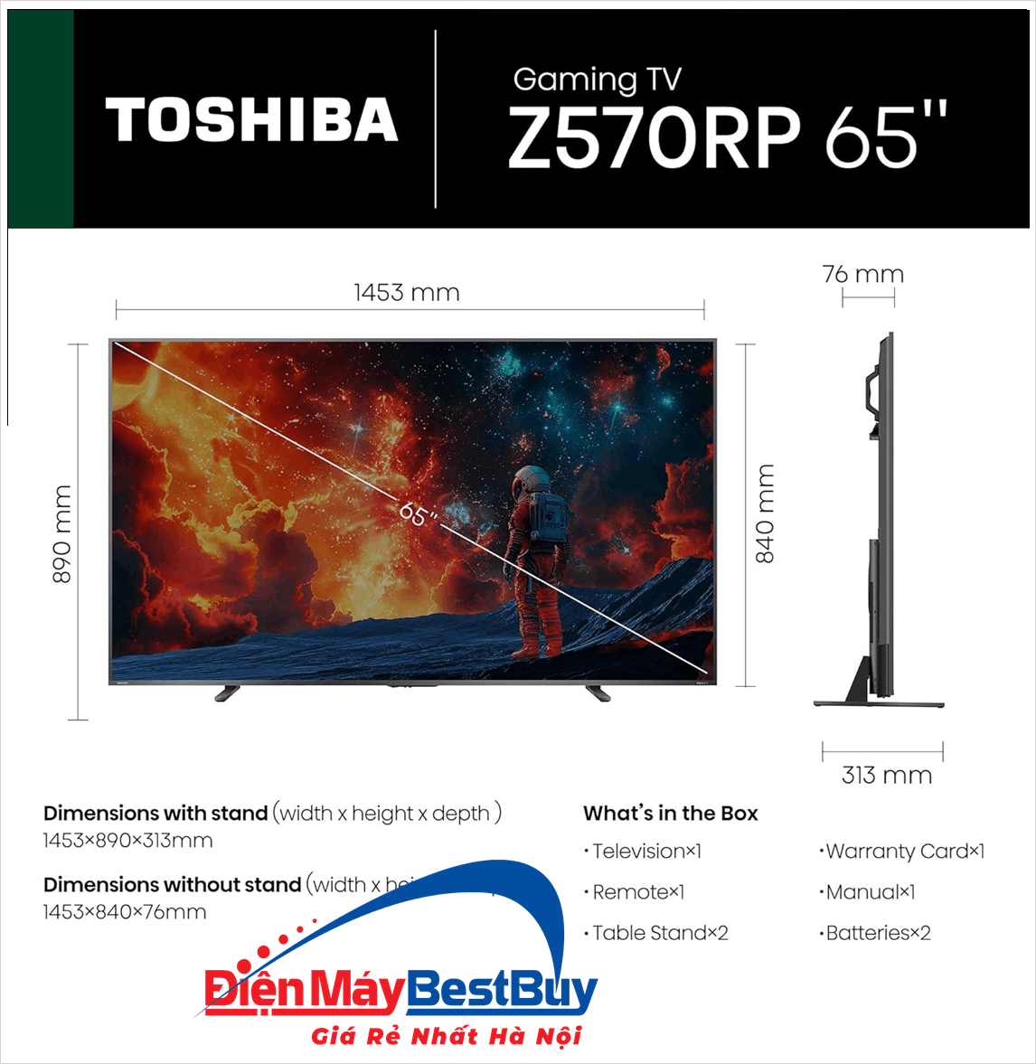 Tivi QLED Toshiba AI 4K 65 inch [65Z570SP] Mới 2026