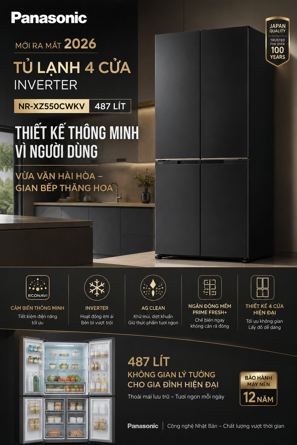 Tủ lạnh Panasonic 4 Cửa Inverter 487 Lít NR-XZ550CWKV Mới 2026