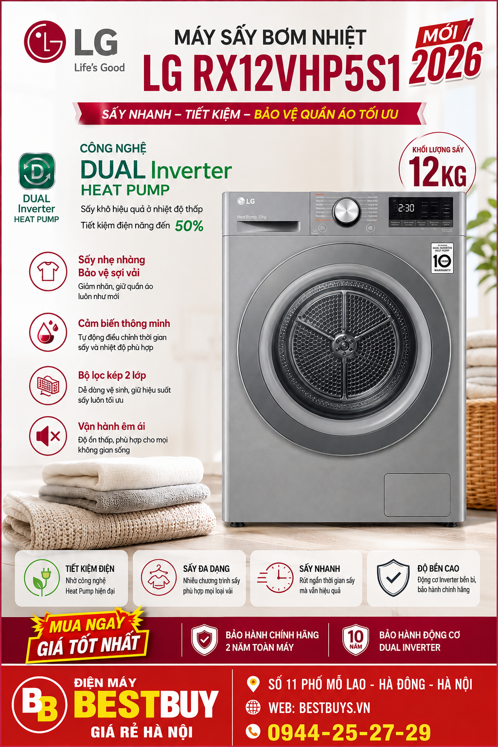 Máy sấy LG AI DUAL Inverter Heat Pump™ 12kg (RX12VHP5S1)